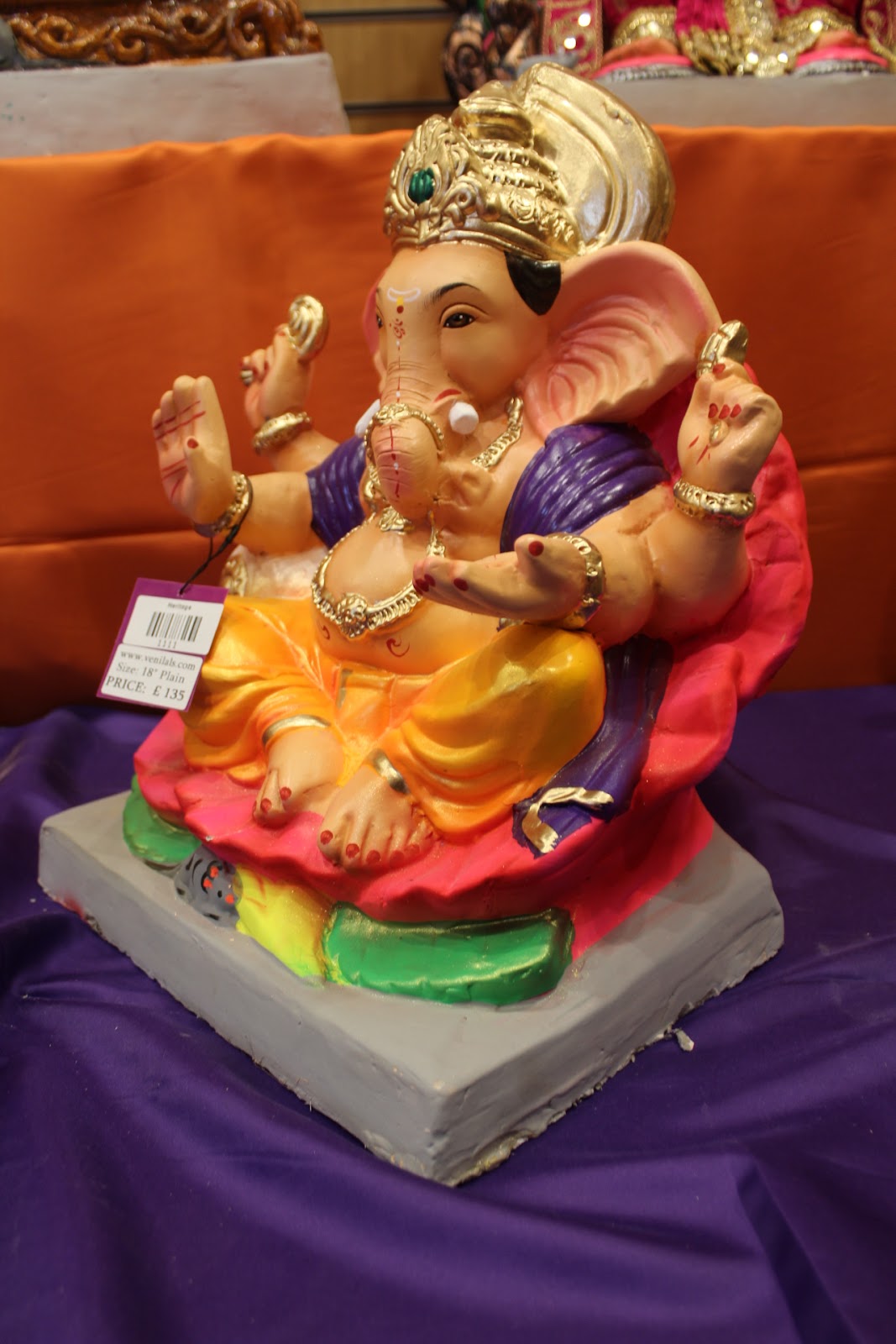 Eco-Friendly Ganesh Visarjan idol, Violet & Gold Lotus Base, side view