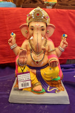 Load image into Gallery viewer, Eco-Friendly Ganesh Visarjan idol, Jewellery Style Pink Khes &amp; Yellow Dhoti, front view 2