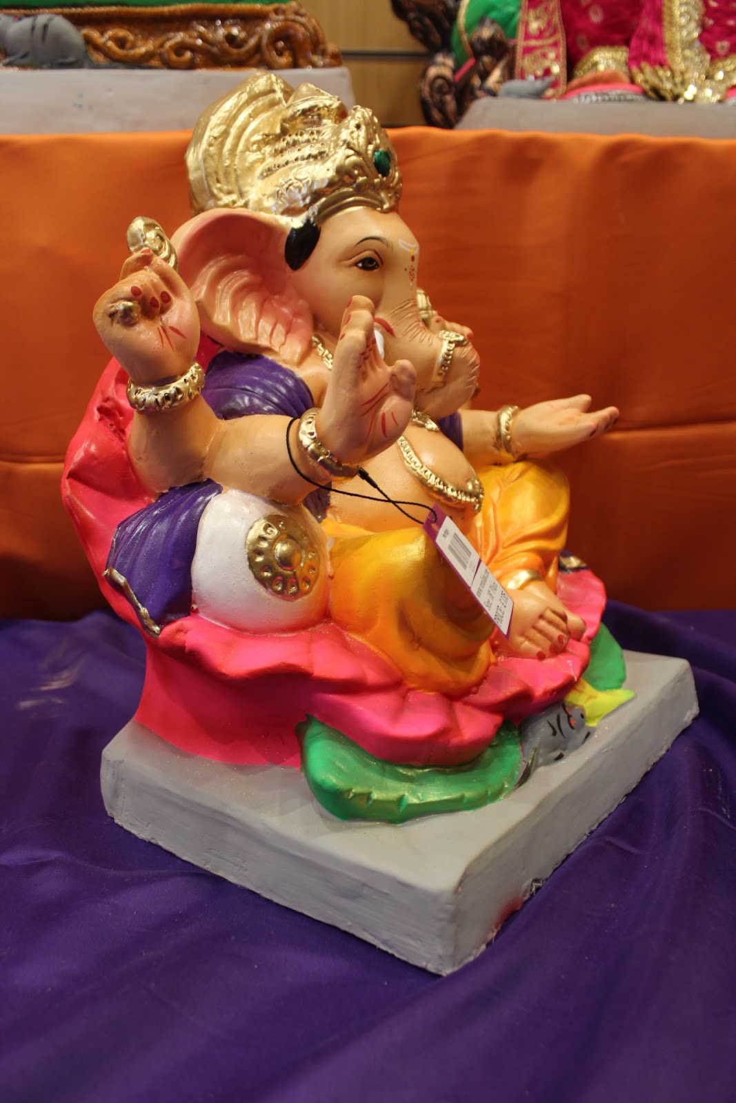 Eco-Friendly Ganesh Visarjan idol, Violet & Gold Lotus Base, close-up