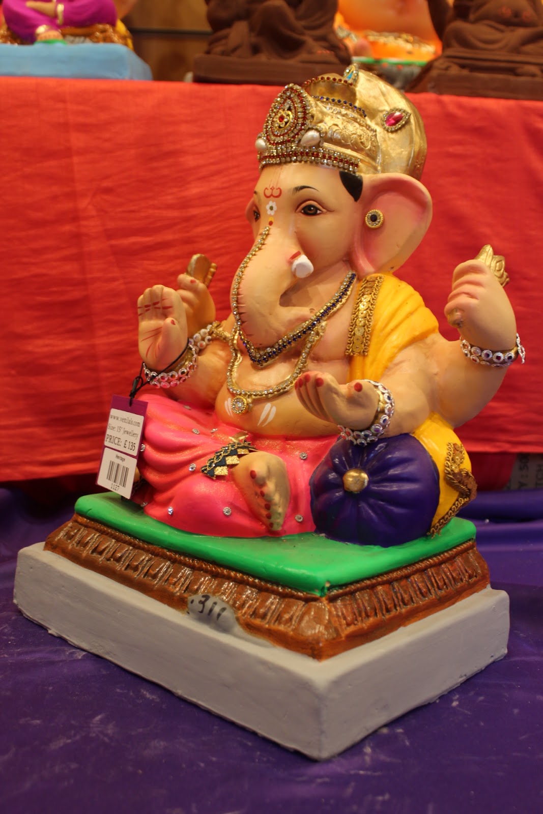Eco-Friendly Ganesh Visarjan idol, Jewellery Style Gold Khes & Pink Dhoti, side view