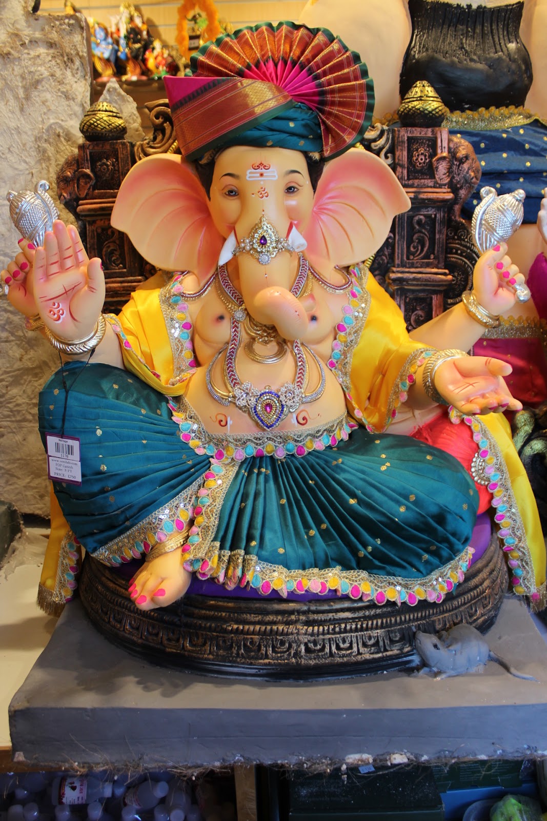 POP Ganesh Visarjan Idol – Peshwa Turban with Peacock Teal Dhoti, ~3ft