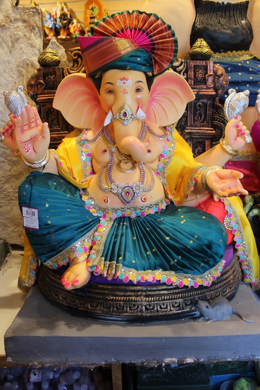 POP Ganesh Visarjan Idol – Peshwa Turban with Peacock Teal Dhoti, ~3ft