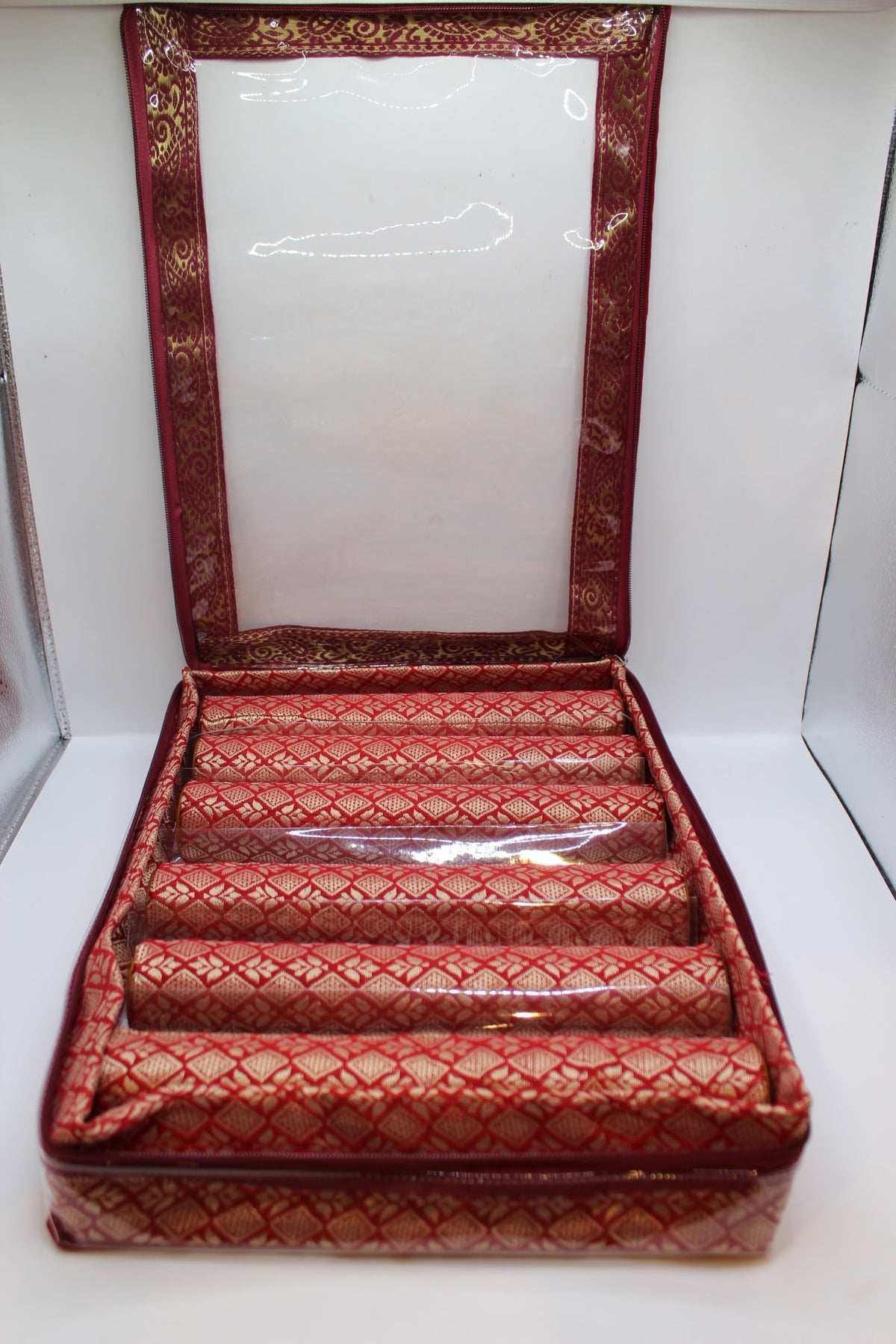Maroon bangle box with 6 rolls – open