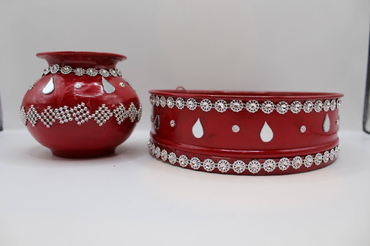 Red Karwa Chauth set with silver stones, thali, channi and lota, another view