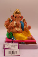 Load image into Gallery viewer, Eco-Friendly Ganesh Visarjan Idol – Blue Khes &amp; Yellow Dhoti, Pink Cushion, ~6 inch