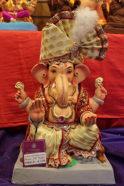 Eco-Friendly Ganesh Visarjan idol, Full Safa Set Ivory & Red, front view 2