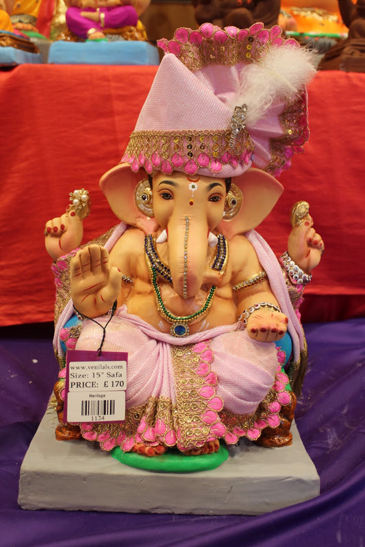 Eco-Friendly Ganesh Visarjan idol, Full Safa Set Pale Pink & Gold, front view