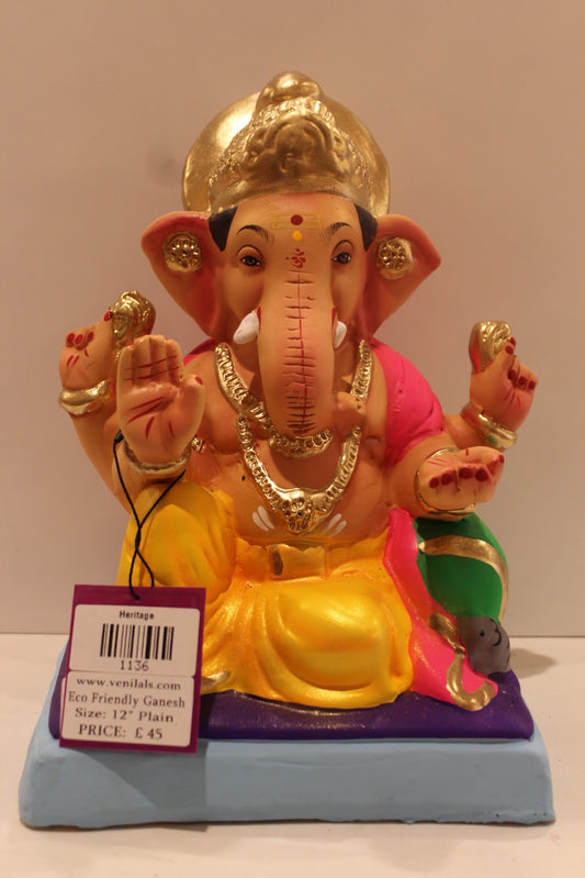 Eco-friendly clay Ganesh idol with pink khes and yellow dhoti, front view