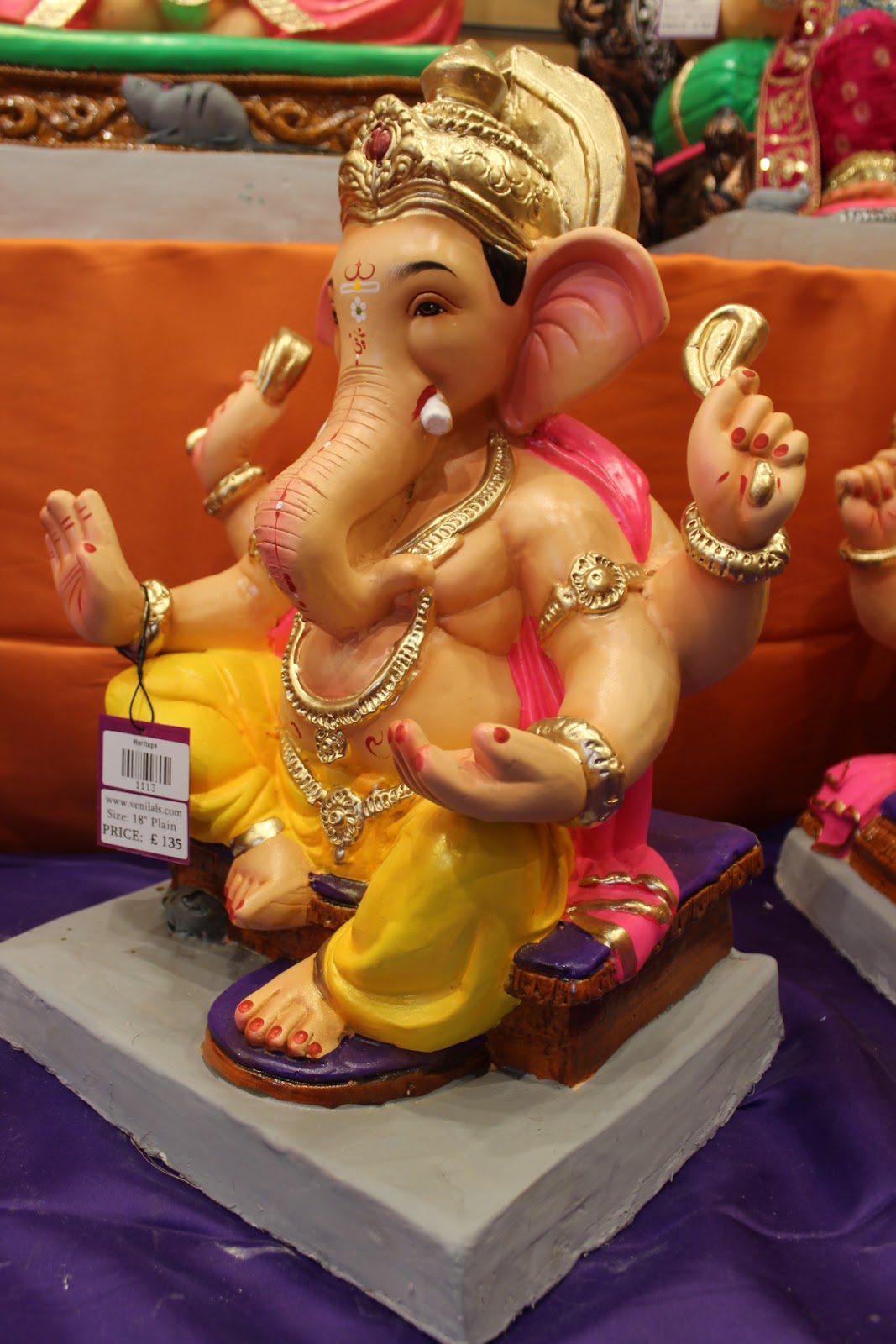 Eco-Friendly Ganesh Visarjan idol, Yellow & Pink Maroon Gem Crown, side view