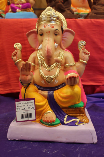 Eco-Friendly Ganesh Visarjan idol, Pink Khes & Gold Dhoti, front view 2