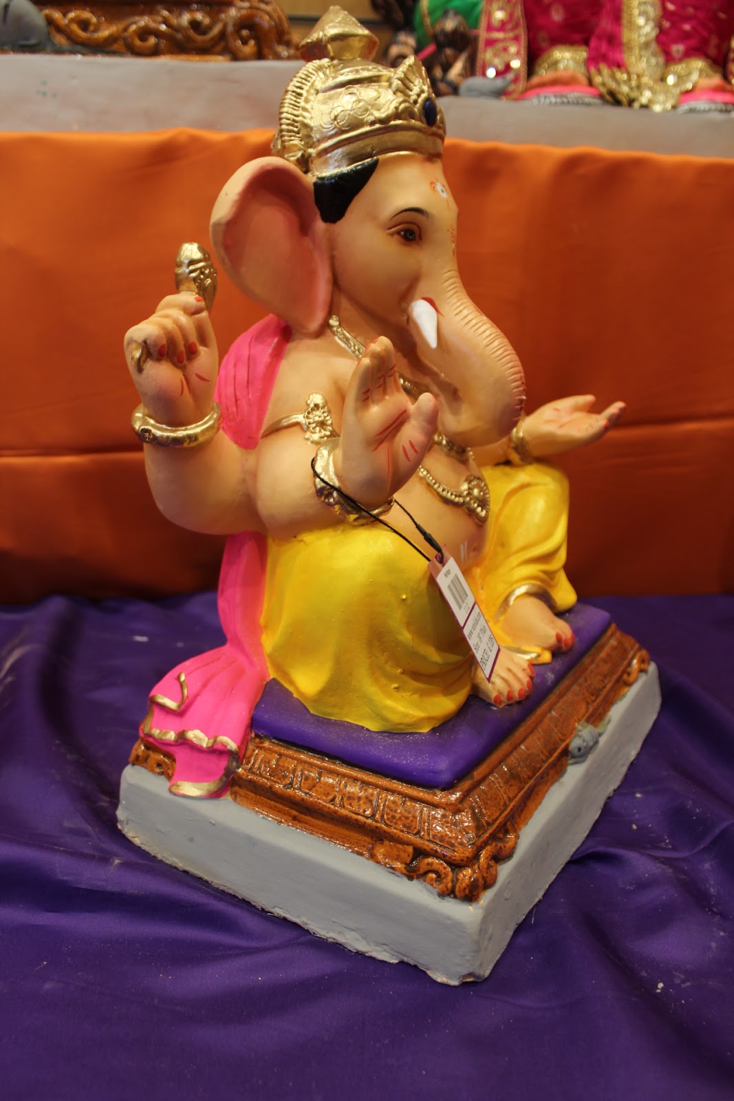 Eco-Friendly Ganesh Visarjan idol, Yellow & Pink Blue Gem Crown, close-up