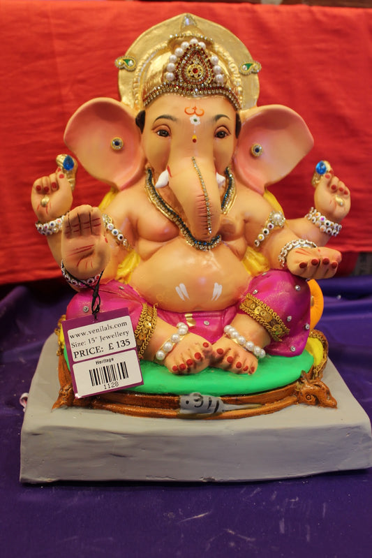 Eco-Friendly Ganesh Visarjan idol, Jewellery Style Magenta & Gold, front view