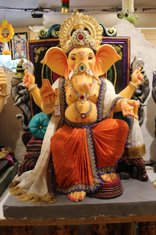 POP Ganesh Visarjan Idol – Vermilion Dhoti with Blue Bead Jewellery, ~4ft