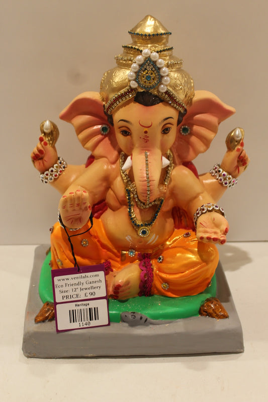 Eco-friendly clay Ganesh idol in jewellery style with pearl and teal crown, front view