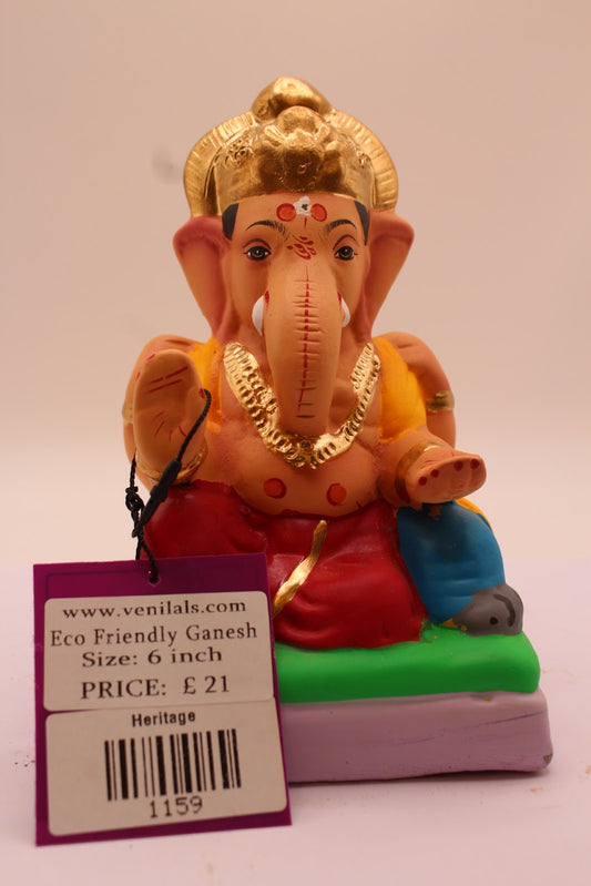 Eco-Friendly Ganesh Visarjan Idol – Yellow Khes & Red Dhoti, Tall Crown, ~6 inch