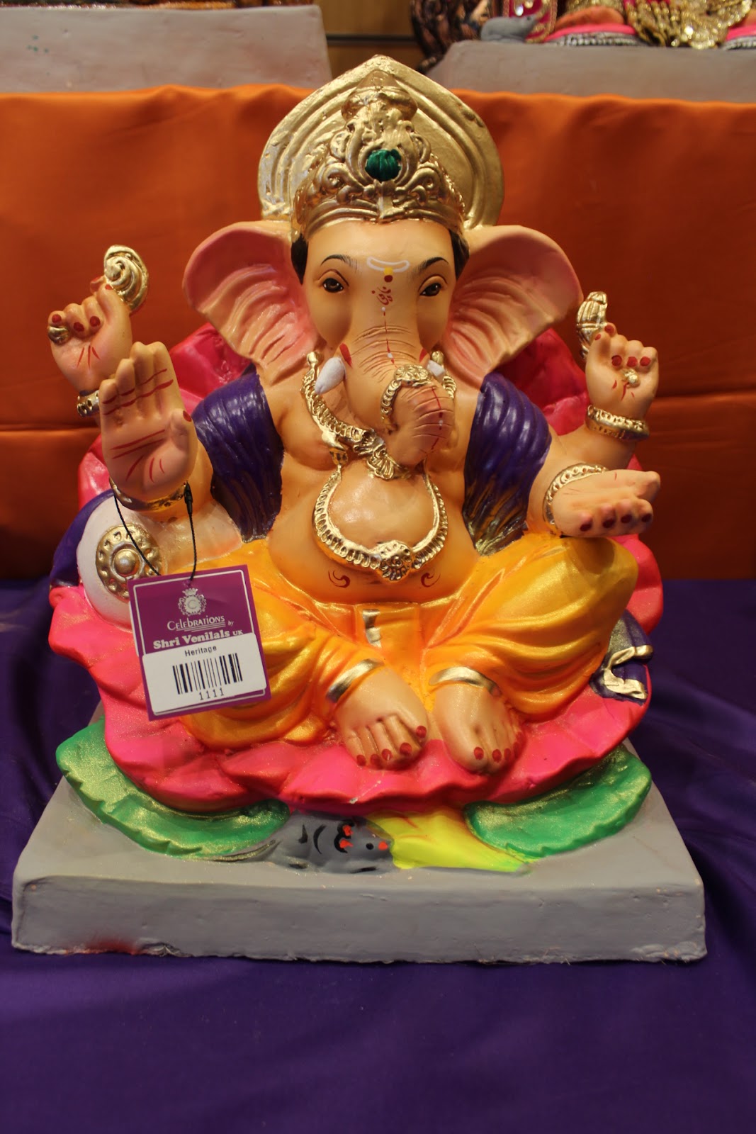 Eco-Friendly Ganesh Visarjan idol, Violet & Gold Lotus Base, front view 2