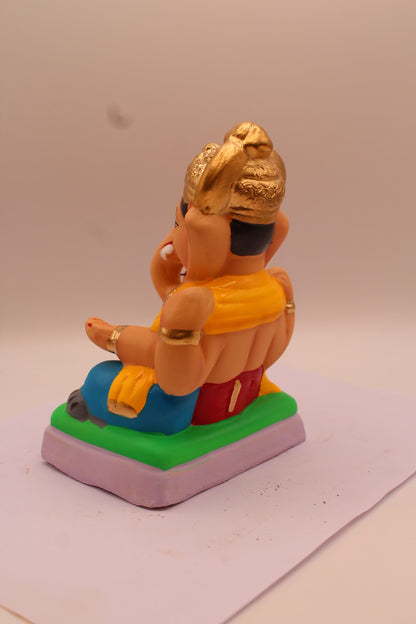 Eco-Friendly Ganesh Visarjan Idol – Yellow Khes & Red Dhoti, Tall Crown, ~6 inch