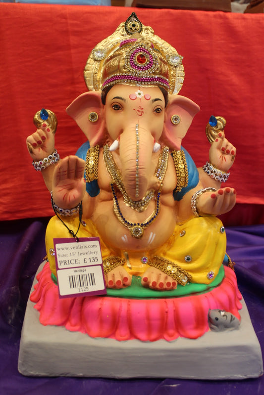Eco-Friendly Ganesh Visarjan idol, Jewellery Style Blue Khes & Yellow Dhoti, front view