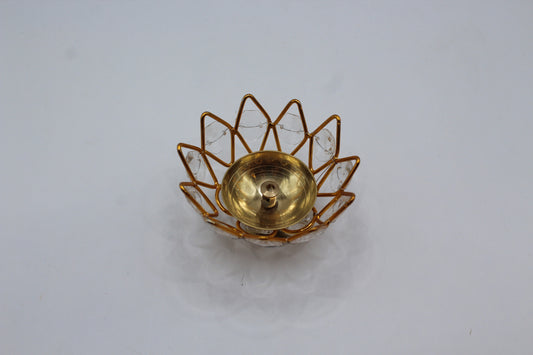 Flower diya, brass with crystal lotus, front view