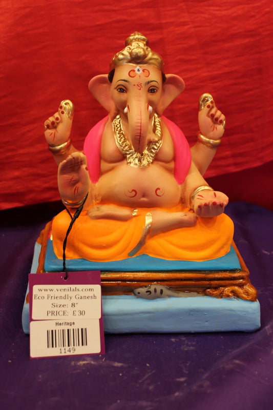 Eco-Friendly Ganesh Visarjan Idol – Orange Dhoti & Pink Shawl, ~8 inch