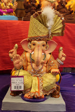 Load image into Gallery viewer, Eco-Friendly Ganesh Visarjan idol, Full Safa Set Golden Mustard &amp; Navy, front view 2