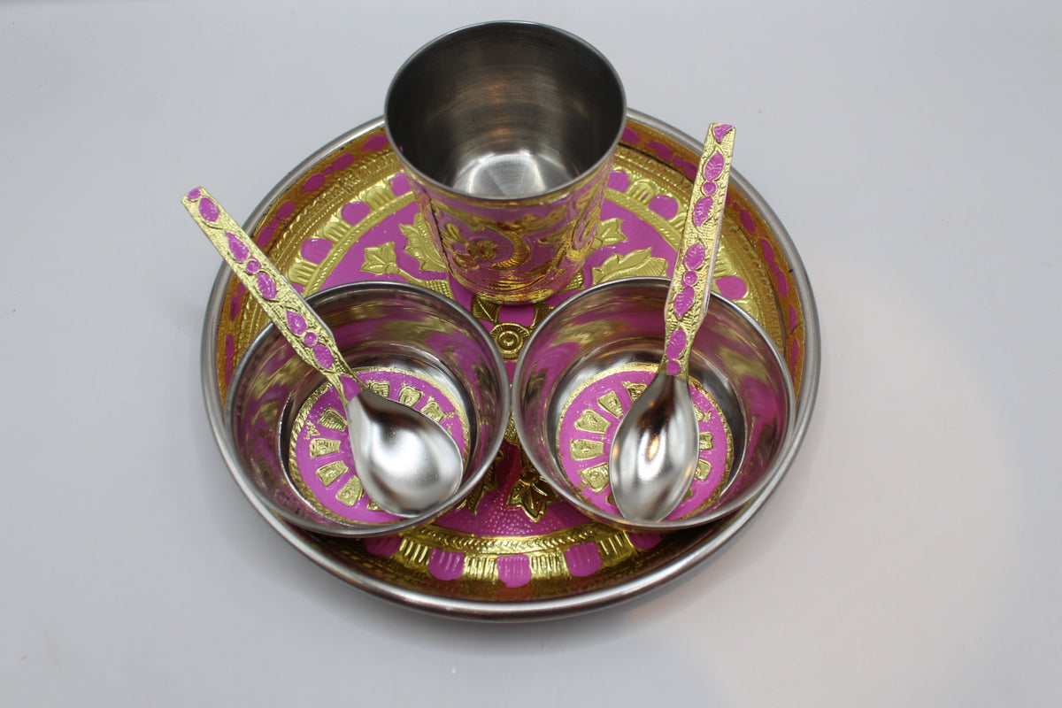 Pink pooja set No. 1 with thali, bowls, glass and spoons, front view