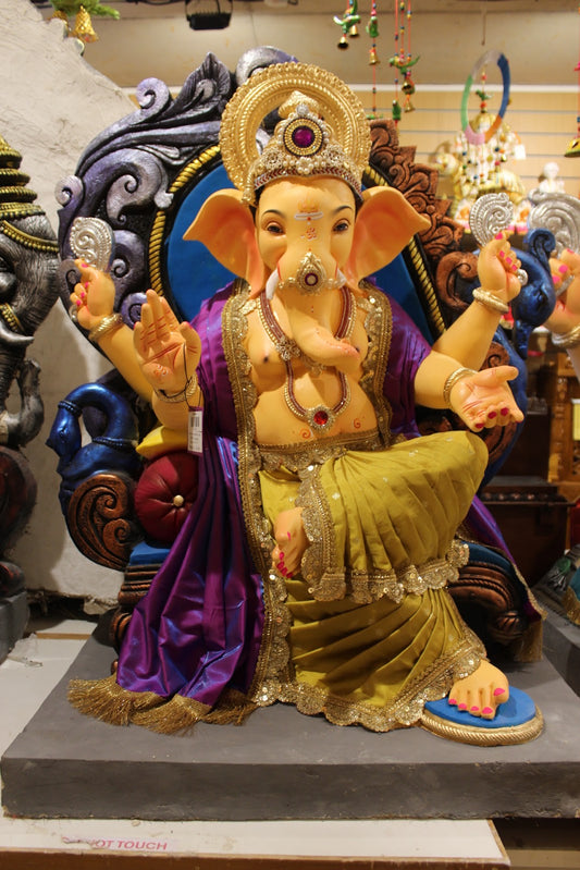 POP Ganesh Visarjan Idol – Olive Gold Dhoti with Purple Uttariya, ~3ft