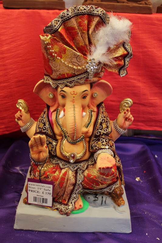Eco-Friendly Ganesh Visarjan idol, Full Safa Set Maroon & Gold, front view
