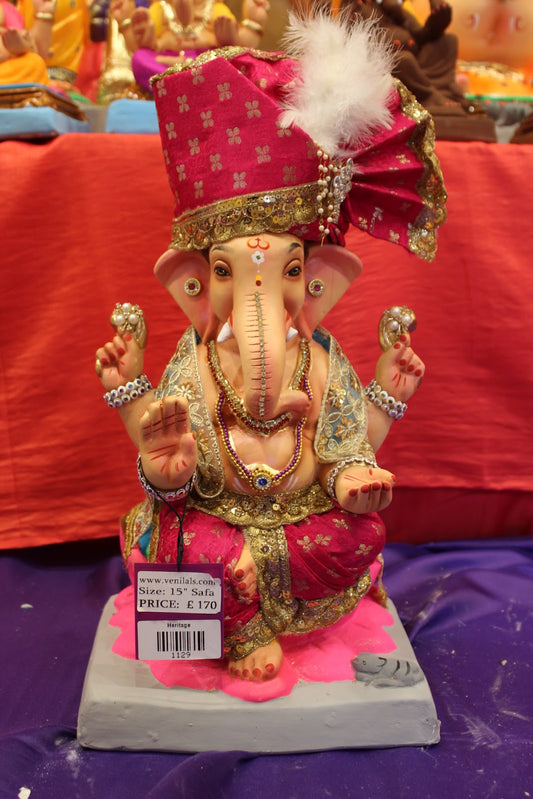 Eco-Friendly Ganesh Visarjan idol, Full Safa Set Hot Pink & Gold, front view