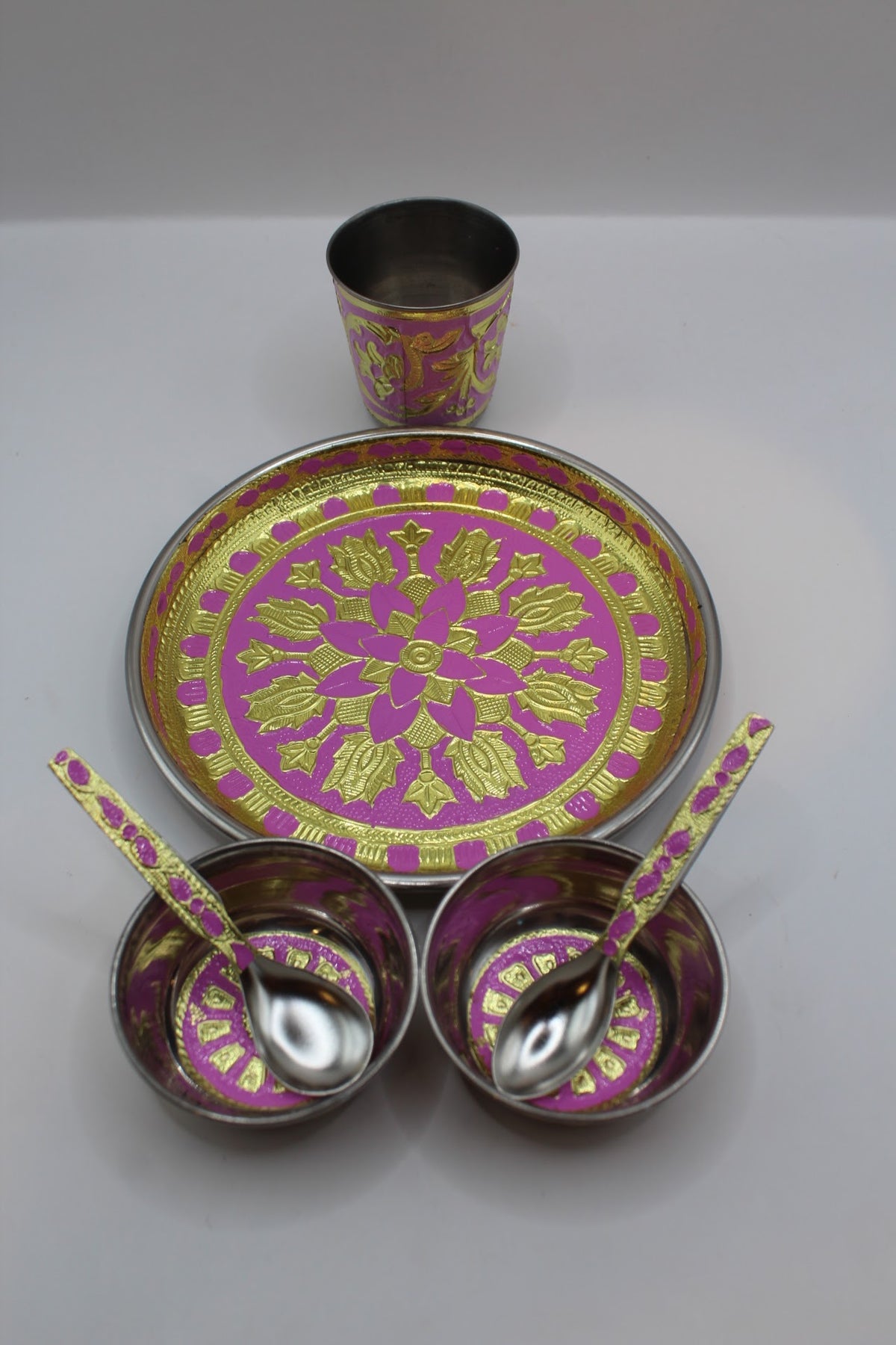 Pink pooja set No. 1 with thali, bowls, glass and spoons, another view
