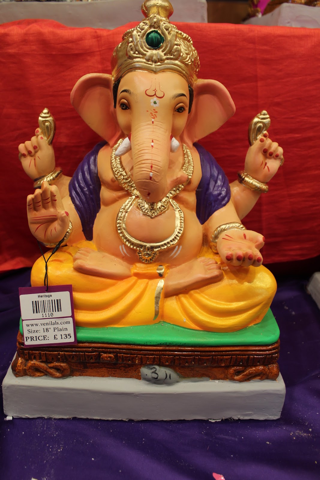 Eco-Friendly Ganesh Visarjan idol, Violet & Gold, front view 2