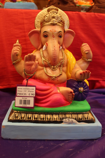 Eco-Friendly Ganesh Visarjan idol, Yellow Khes & Pink Dhoti, front view 2