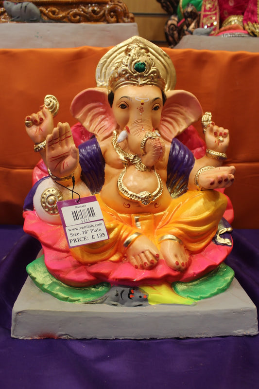 Eco-Friendly Ganesh Visarjan idol, Violet & Gold Lotus Base, front view