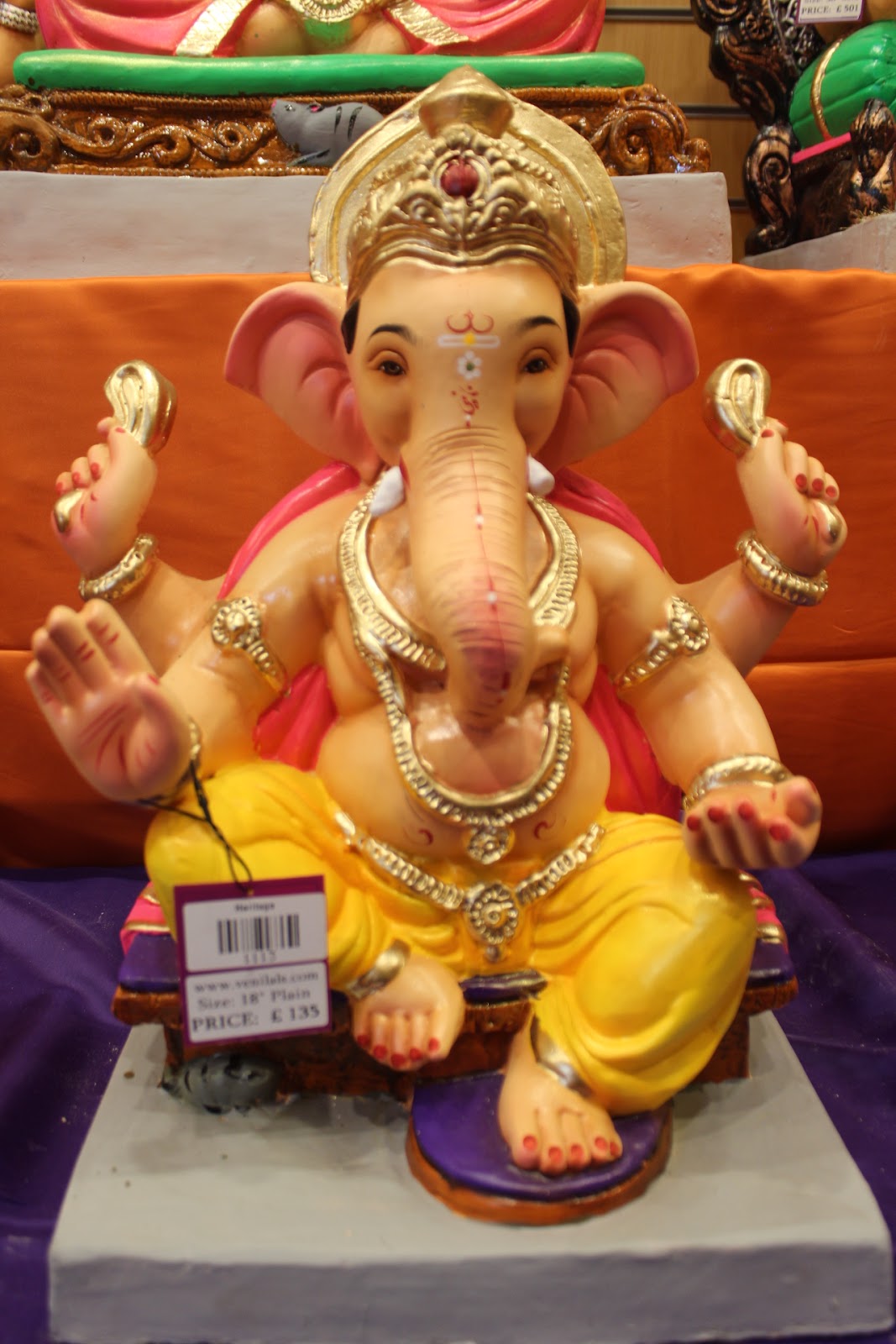 Eco-Friendly Ganesh Visarjan idol, Yellow & Pink Maroon Gem Crown, front view 2
