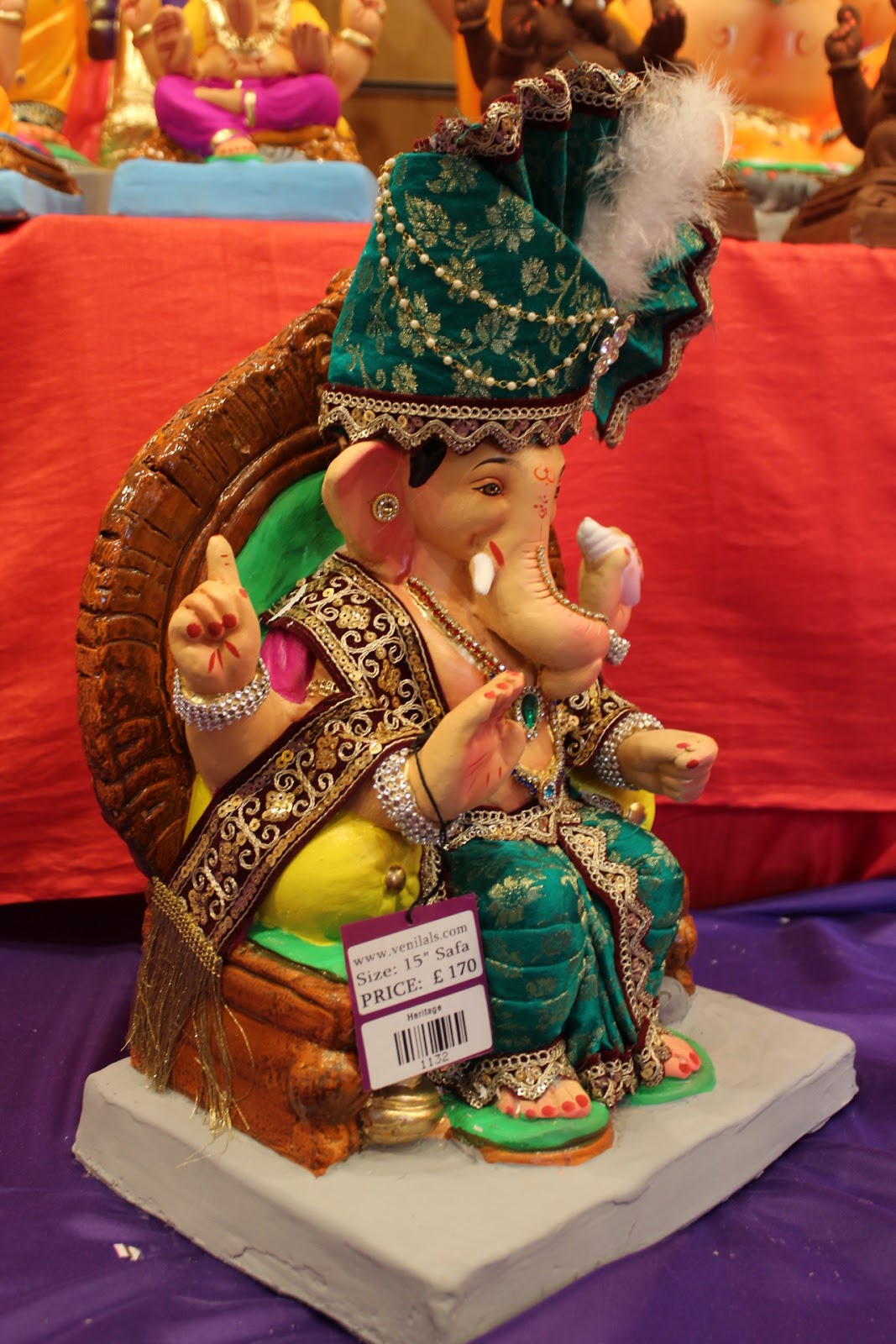 Eco-Friendly Ganesh Visarjan idol, Full Safa Set Teal & Maroon, close-up