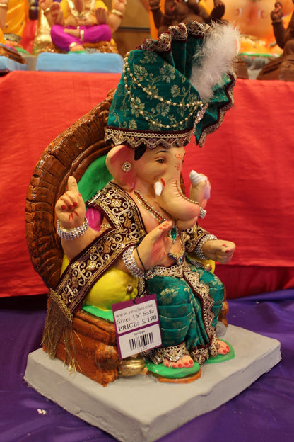 Eco-Friendly Ganesh Visarjan idol, Full Safa Set Teal & Maroon, close-up