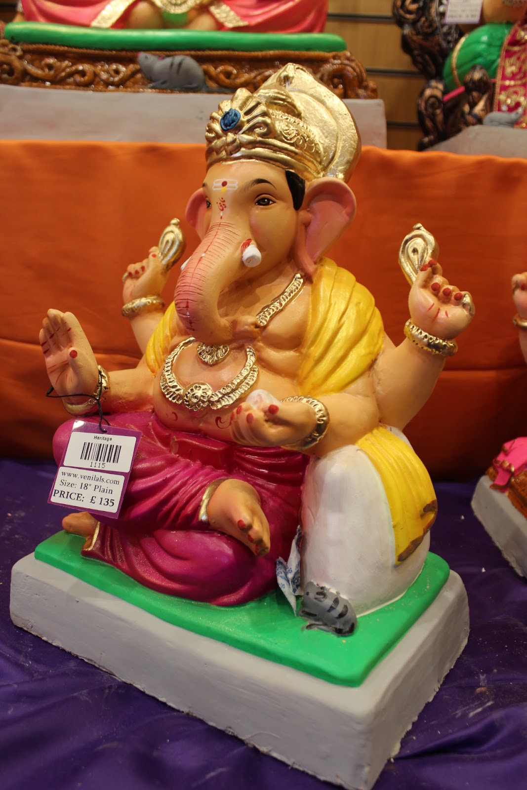 Eco-Friendly Ganesh Visarjan idol, Magenta & Gold, side view