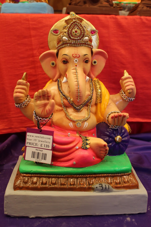 Eco-Friendly Ganesh Visarjan idol, Jewellery Style Gold Khes & Pink Dhoti, front view