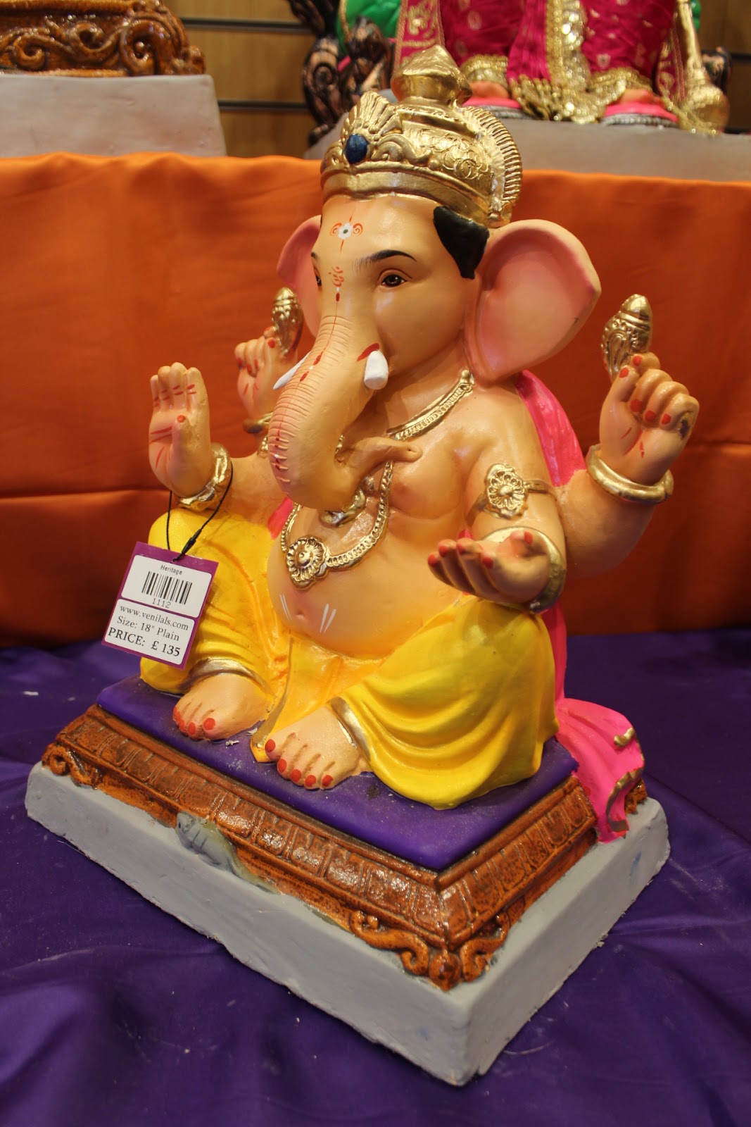 Eco-Friendly Ganesh Visarjan idol, Yellow & Pink Blue Gem Crown, side view