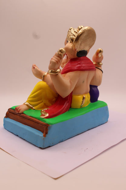 Eco-Friendly Ganesh Visarjan Idol – Yellow Dhoti & Red Khes, Green Mat, ~8 inch