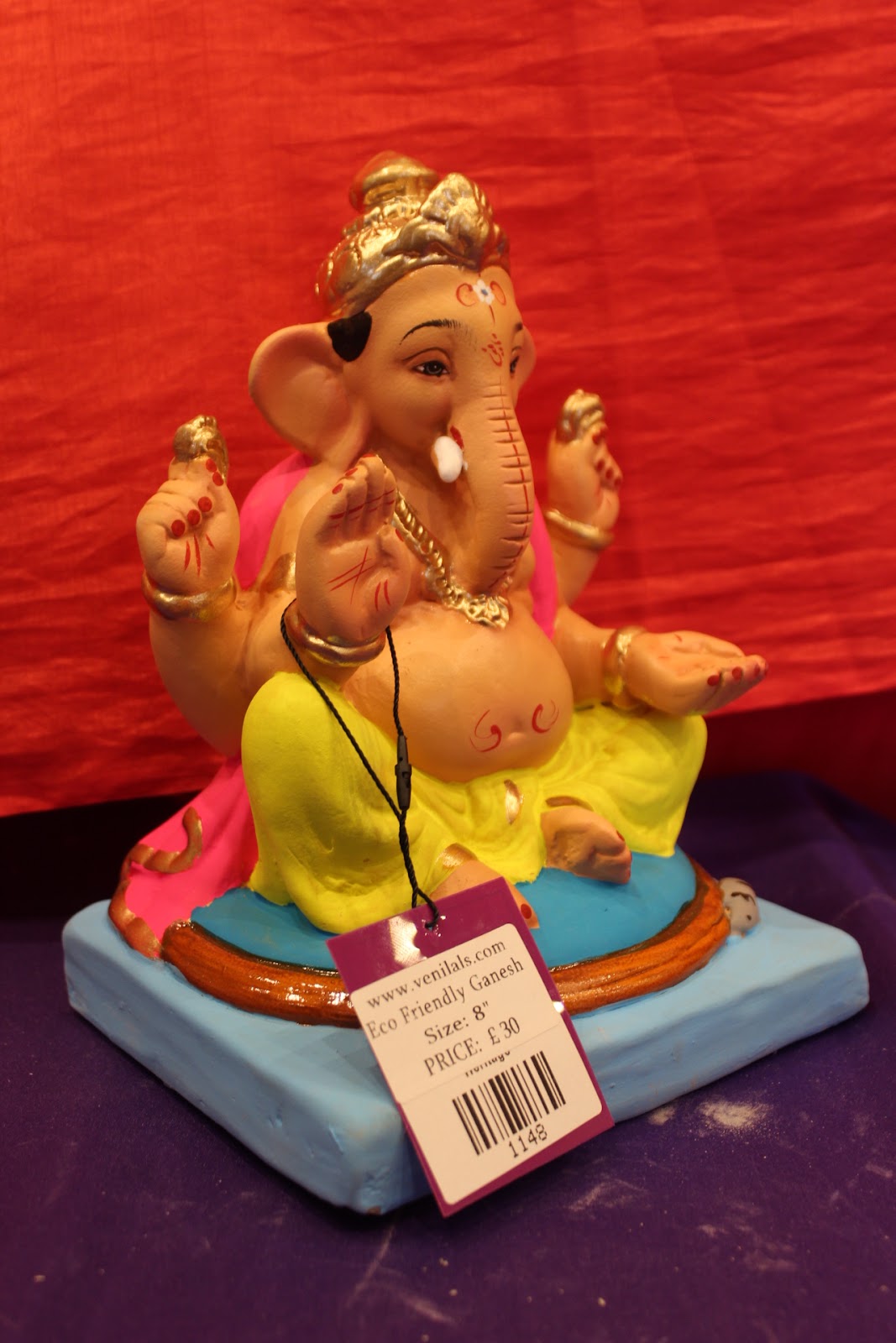 Eco-Friendly Ganesh Visarjan Idol – Yellow Dhoti & Pink Khes, ~8 inch