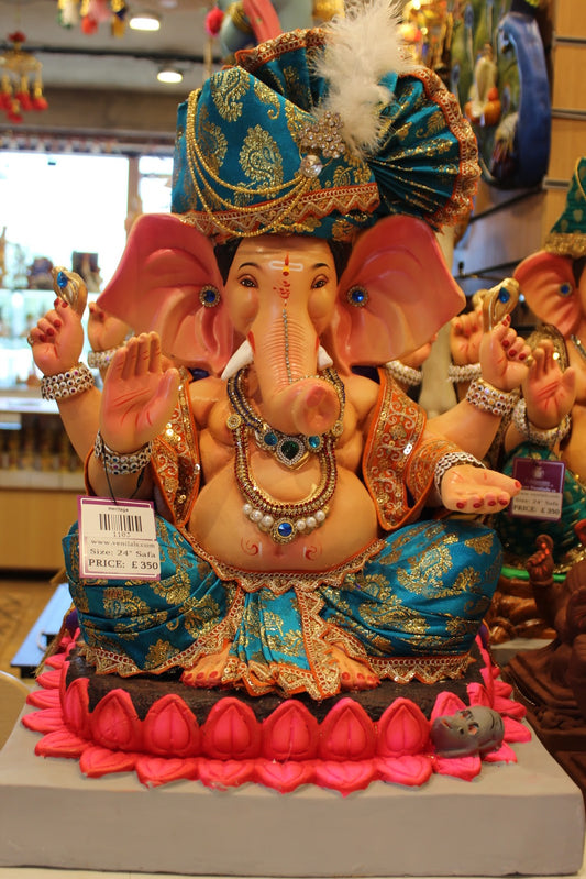 Eco-Friendly Ganesh Visarjan idol, Teal & Gold, front view