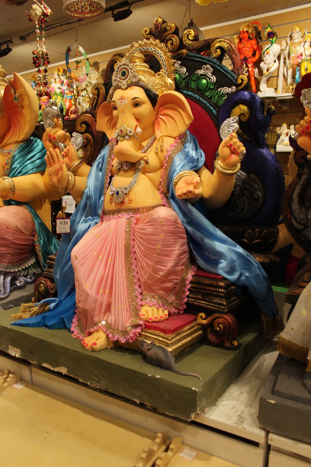 POP Ganesh Visarjan Idol – Powder Blue & Blush Pink on Carved Throne, ~4ft