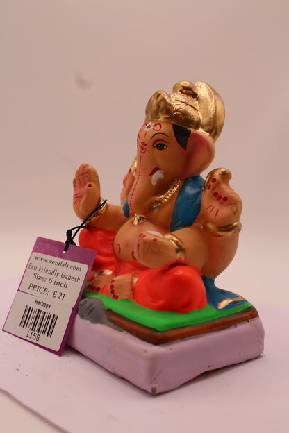 Eco-Friendly Ganesh Visarjan Idol – Blue Khes & Red Dhoti, Green Mat, ~6 inch