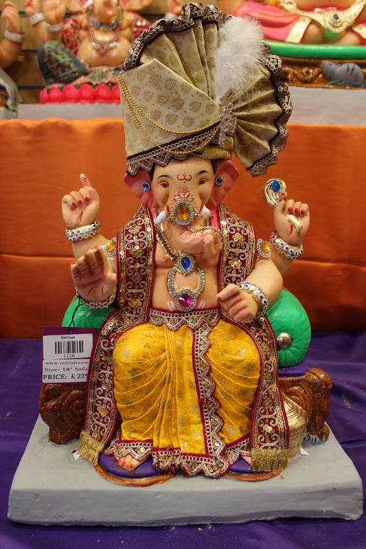 Eco-Friendly Ganesh Visarjan idol, Full Safa Set Cream & Maroon, front view