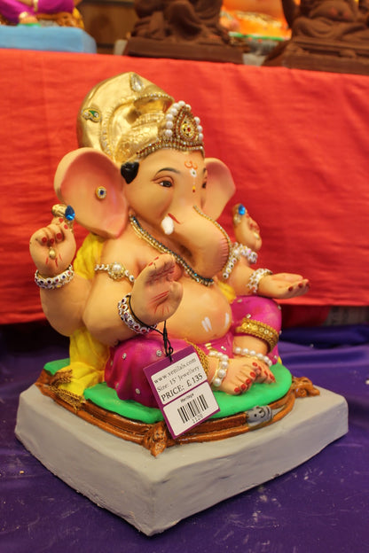Eco-Friendly Ganesh Visarjan idol, Jewellery Style Magenta & Gold, close-up