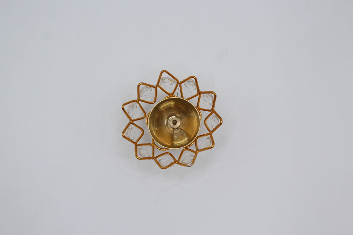 Flower diya, brass with crystal lotus, back view