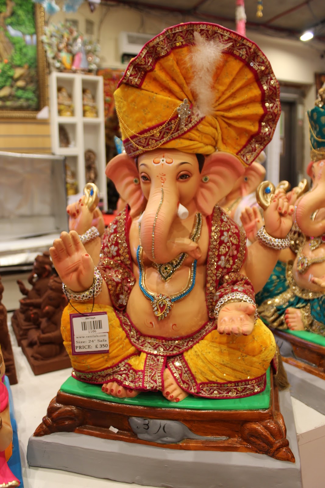 Eco-Friendly Ganesh Visarjan idol, Mustard & Maroon, front view 2