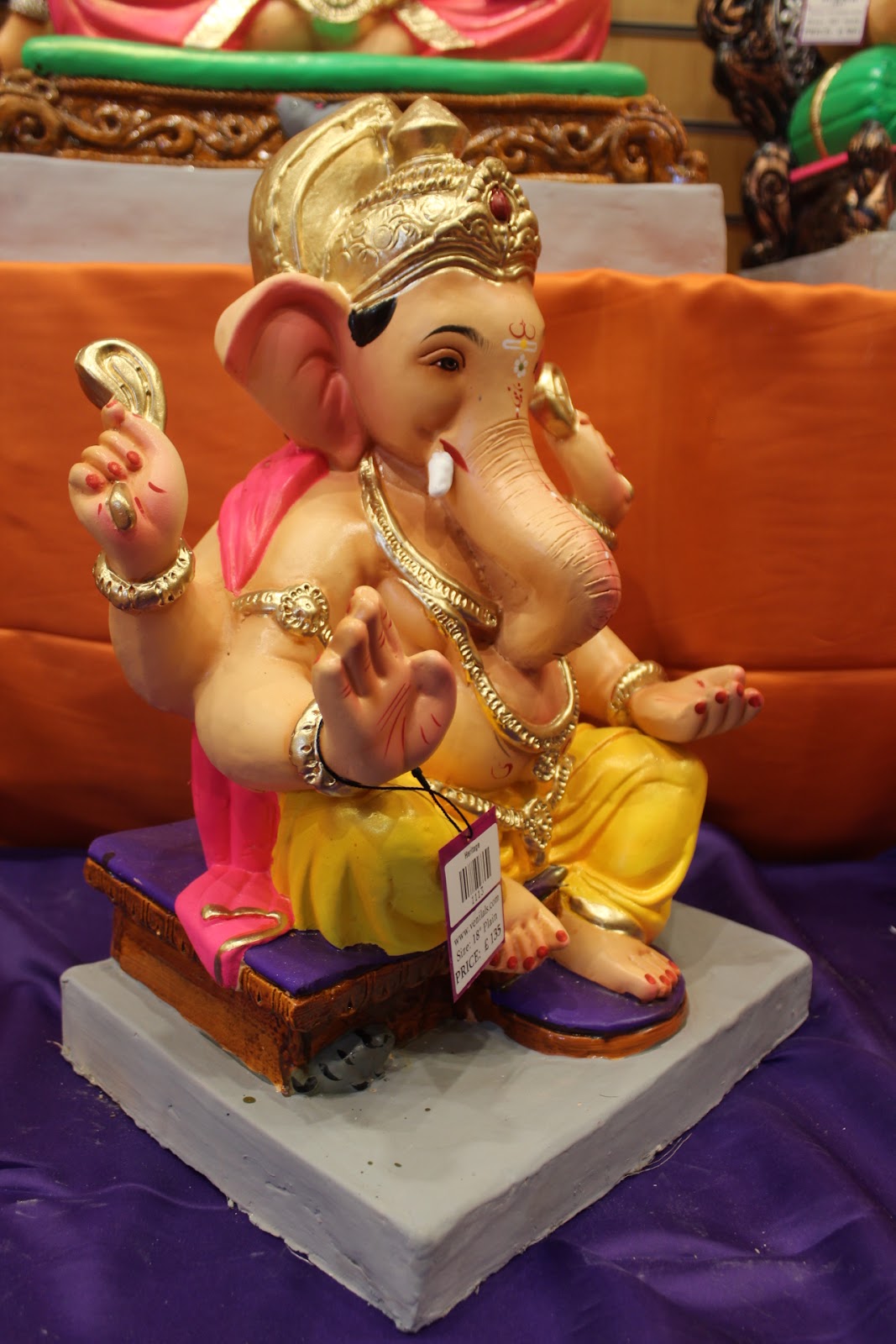 Eco-Friendly Ganesh Visarjan idol, Yellow & Pink Maroon Gem Crown, close-up