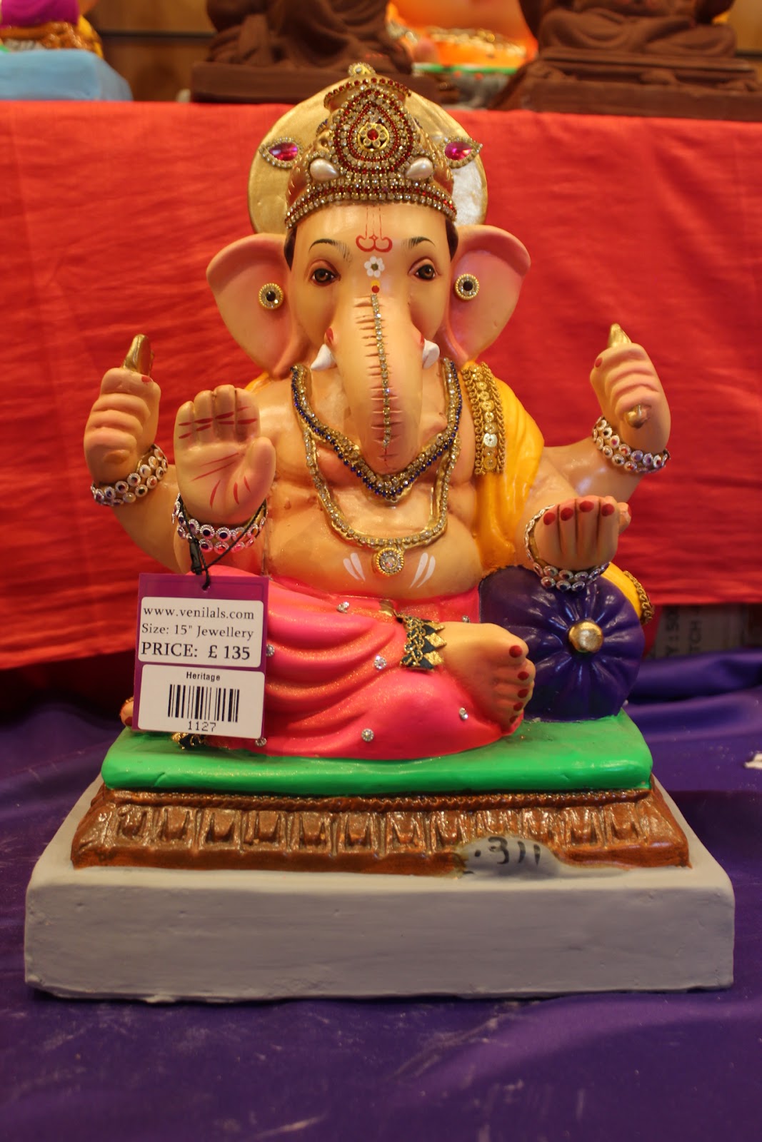 Eco-Friendly Ganesh Visarjan idol, Jewellery Style Gold Khes & Pink Dhoti, front view 2